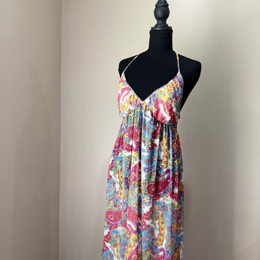 ABS Allen Schwartz Paisley Halter Maxi Dress Size L Multicolor Boho Festival